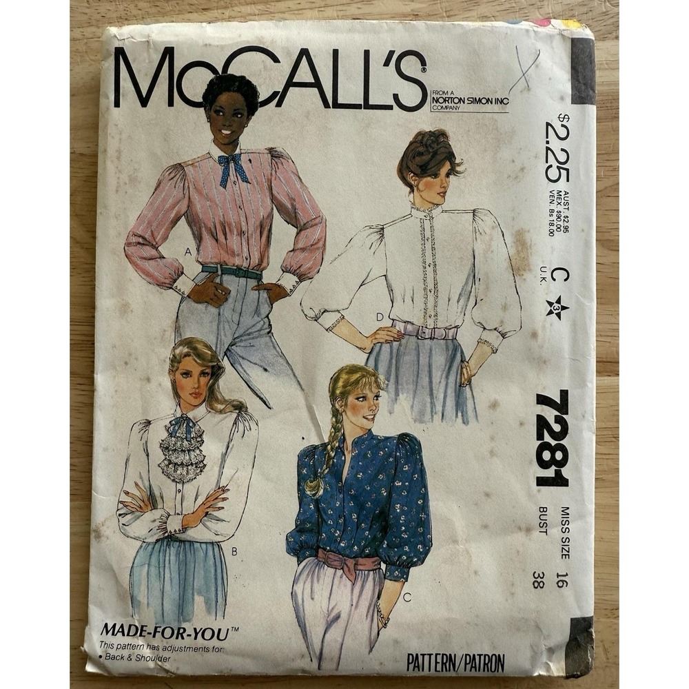 80s Women's Buttoned Blouses Sewing Pattern Size 16 UC Vintage‎ McCalls 7281